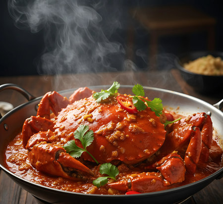 Crab stewed in tomato sauce with ingredients on a wooden tableの素材