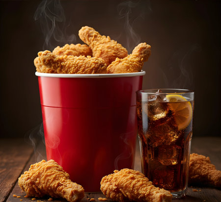 Crispy fried chicken legs in a red plastic cup and a glass of cola on a wooden tableの素材