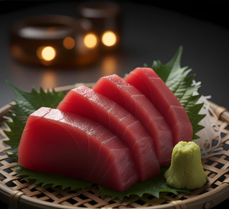 Tuna sashimi japanese food on bamboo sieveの素材