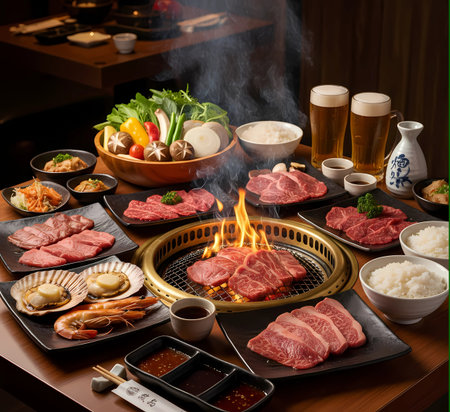 Korean barbecue set with meat, vegetables and rice on a tableの素材