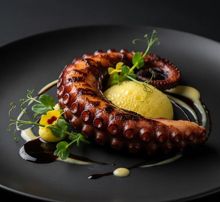 Grilled octopus with lemon and sauce on a black plate.の素材