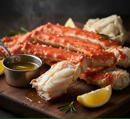 King crab legs with lemon and rosemary on a wooden board.の素材