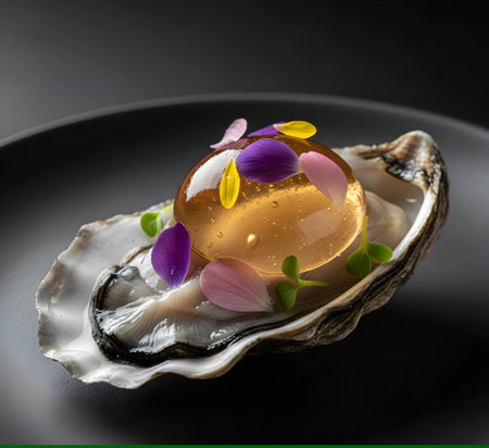 Oyster with flower in the shell on a black background.の素材