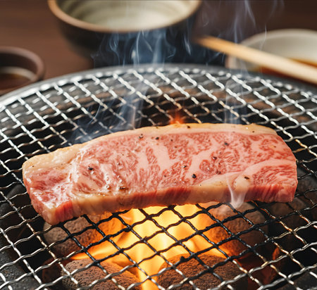 Beef sirloin being grilled on charcoal grill with chopsticksの素材