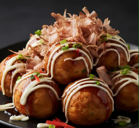 Takoyaki or Takoyaki is a Japanese snack consisting of sweet potato balls topped with mayonnaise sauce and chopped onionsの素材