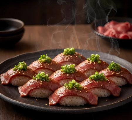 Tuna sushi with sesame seeds and sesame on wooden backgroundの素材