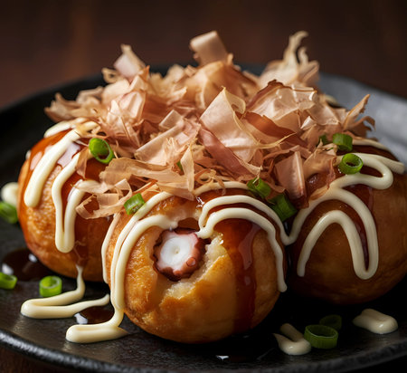 Baked apples with caramelized onions and mayonnaise on a plateの素材