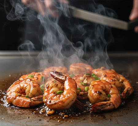 Grilled tiger prawns with garlic and spices in a frying panの素材