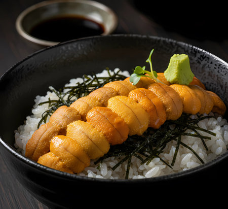 Japanese cuisine. Grilled octopus on rice. Dark background.の素材