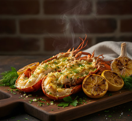 Baked lobster with cheese, garlic and lemon on a wooden boardの素材