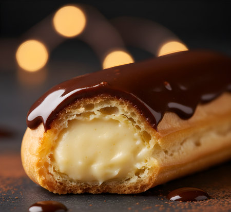 Delicious eclair with chocolate glaze on dark background, closeupの素材
