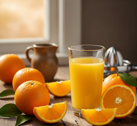 Glass of fresh orange juice and oranges on wooden table, closeupの素材