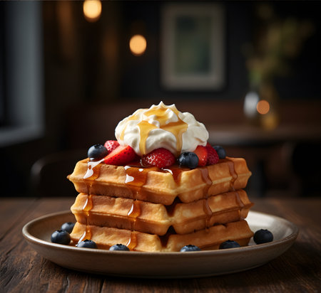 Belgian waffles with whipped cream and fresh berries, selective focusの素材