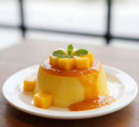 Caramel custard pudding with mango in white plate on wooden tableの素材