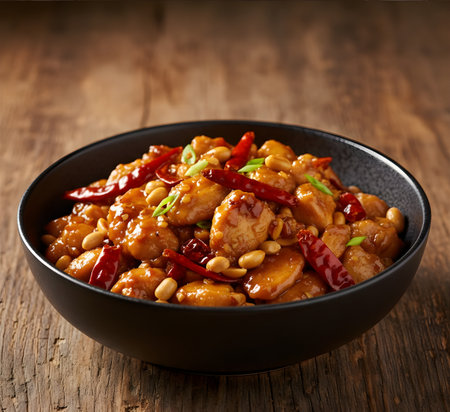 Stir-fried spicy chicken with peanuts in a bowl on wooden tableの素材