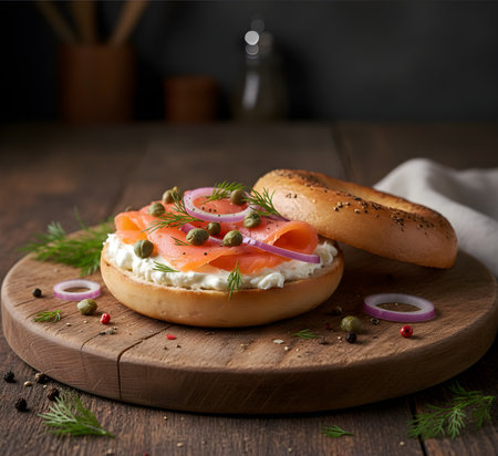 Sandwich with cream cheese, smoked salmon and red onion on wooden backgroundの素材