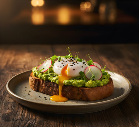 Toast with poached egg, avocado and radish on wooden tableの素材