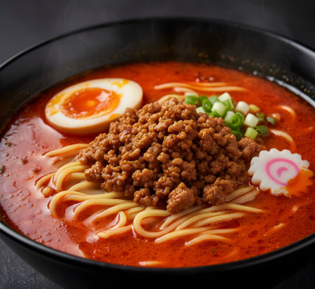 japanese ramen noodle soup with minced pork and eggの素材