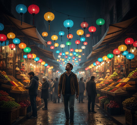 Man walking on the street with colorful lanterns in Istanbul, Turkeyの素材