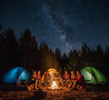 Group of friends camping in the forest at night under the stars and Milky Wayの素材