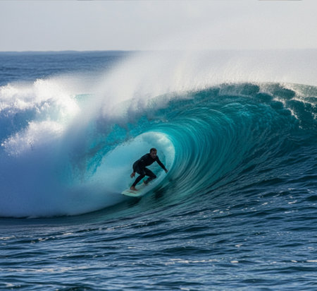 Surfer on Blue Ocean Wave, Bali island, Indonesia.の素材