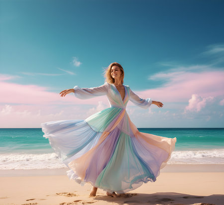 beautiful woman in a long dress on the beach by the seaの素材
