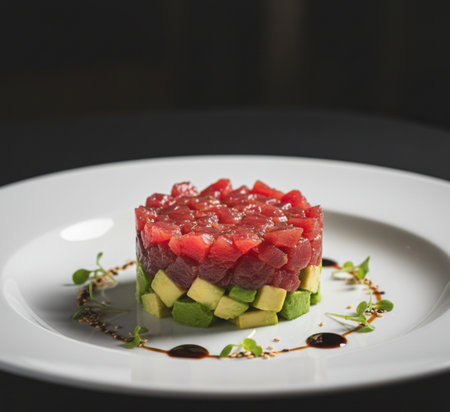 Tuna tartar with avocado and pomegranate on white plateの素材