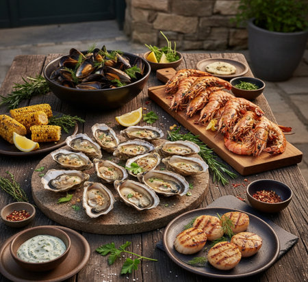 Seafood platter with mussels, shrimps and crayfish on wooden tableの素材