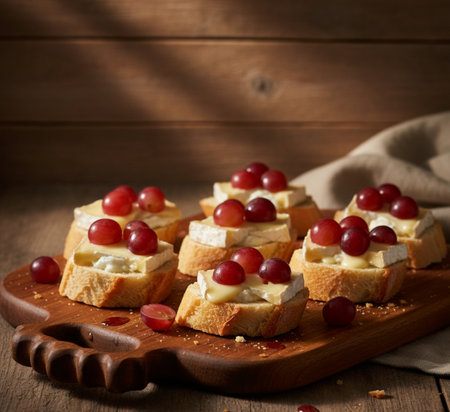 canape with cheese and grape on a wooden board, selective focusの素材