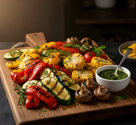 Grilled vegetables on a wooden board with sauce. Vegetarian food.の素材