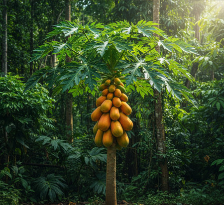 Papaya tree with ripe fruits in the tropical rainforest.の素材