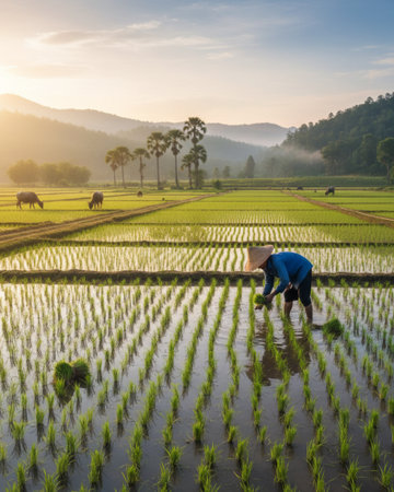 Farmer planting rice in the rice field in the morning at Chiang Mai, Thailandの素材
