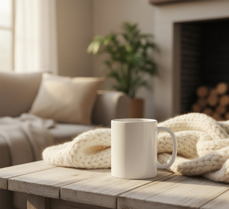 Cup of hot drink with warm knitted scarf on wooden table in living roomの素材