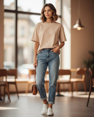 beautiful young woman in beige blouse and jeans walking in cafeの素材