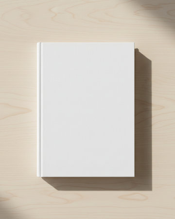 Blank book cover on wooden background. 3d render illustration.の素材