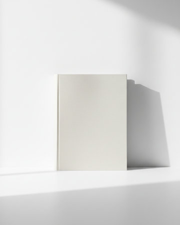 Blank white book on a white wall. 3d rendering.の素材