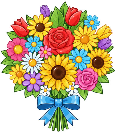 Illustration of a Bouquet of Colorful Flowers with Blue Ribbonの素材