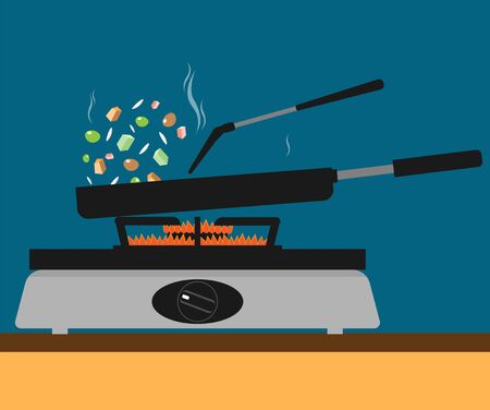 kitchen pan stir fried cooking flat vectorのイラスト素材