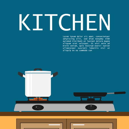 kitchen skillet pot on fire stove flat vectorのイラスト素材