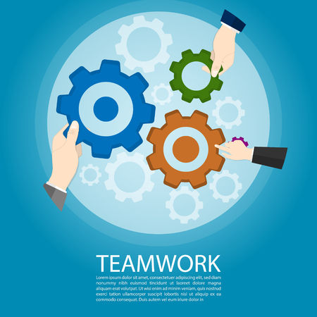 Gears teamwork concept, hand holding gear copy space vectorのイラスト素材
