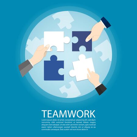 Jigsaw teamwork concept, hand holding jigsaw copy space vectorのイラスト素材