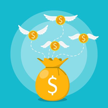 gold coin wings flying into dollar bag,gold coin wings flying out of dollar bag,vectorのイラスト素材