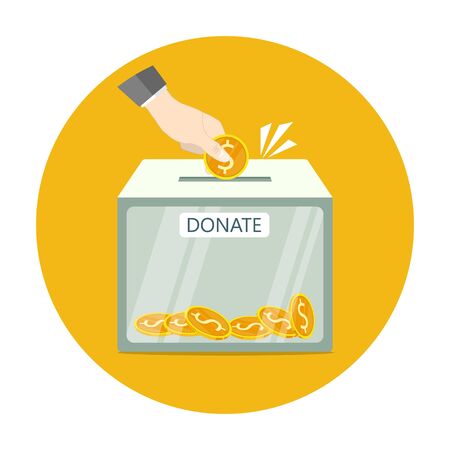 hand hold dollar coin insert into donate box,donation box gold coin flat logo vectorのイラスト素材