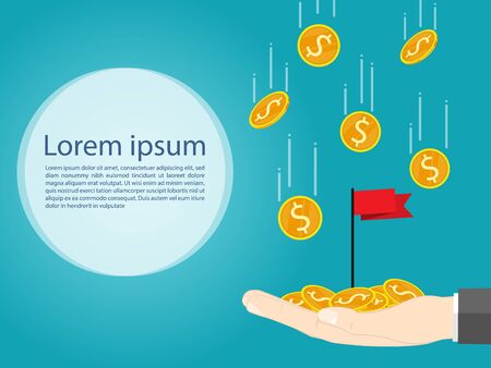 gold coin falling on hand success flag,gold coin on hand vectorのイラスト素材