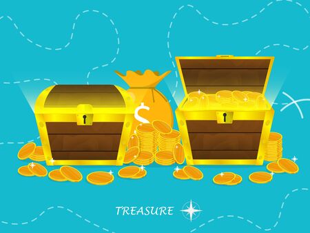 wooden treasure chest gold coin sack,treasure map vectorのイラスト素材
