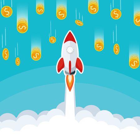 Business start up, rocket launch on sky cloud, gold coin falling from sky flat vectorのイラスト素材