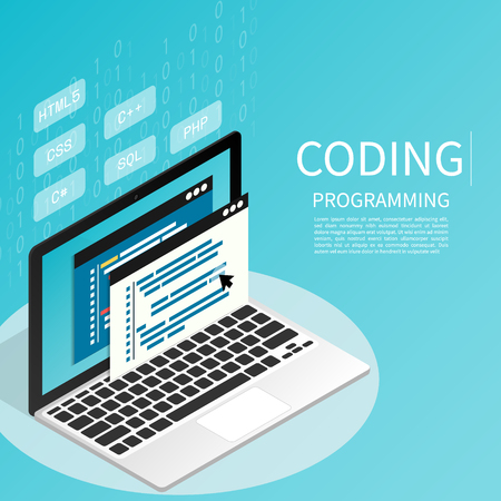 programmer coding binary computer isometric flat vectorのイラスト素材