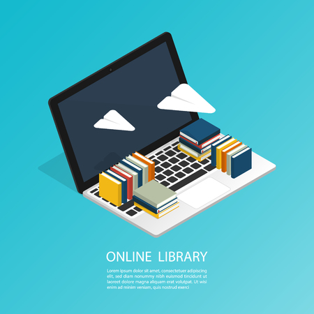 online library file isometric cloud ebook computer office work,education research vectorのイラスト素材