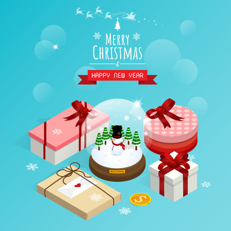 merry christmas and happy new year,isometric christmas snow globe gift boxes vectorのイラスト素材