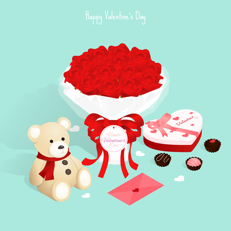 happy valentine's day,isometric valentine rose, teddy bear chocolate gift box love card vectorのイラスト素材
